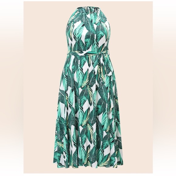 BloomChic Tropical Print Knotted Pocket Ruffles Belted Halter Dress us12 - Picture 4 of 8